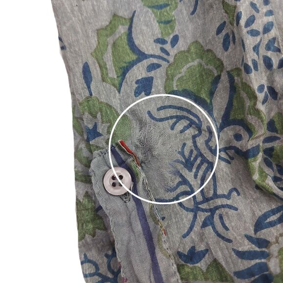 Vintage Goa Top Womens Large Gray Floral Roll Tan Sleeve Bohemian Lagenlook - Picture 8 of 12